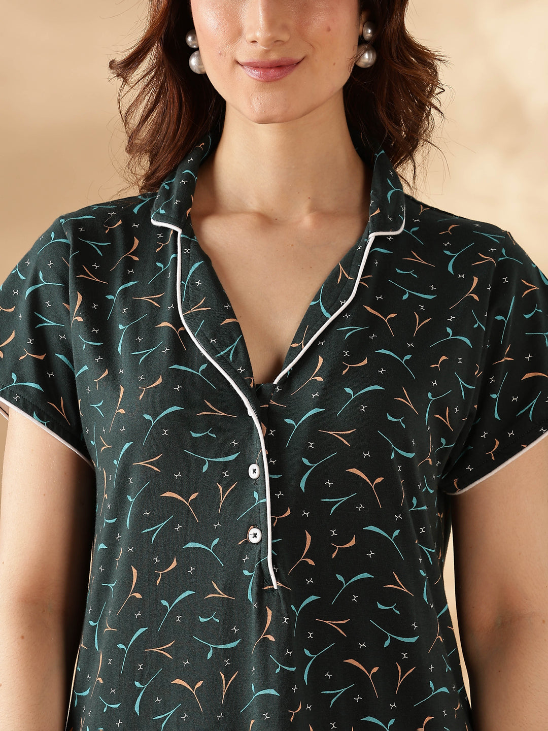 Teal Star Printed Branded Maxi Nighty For Women