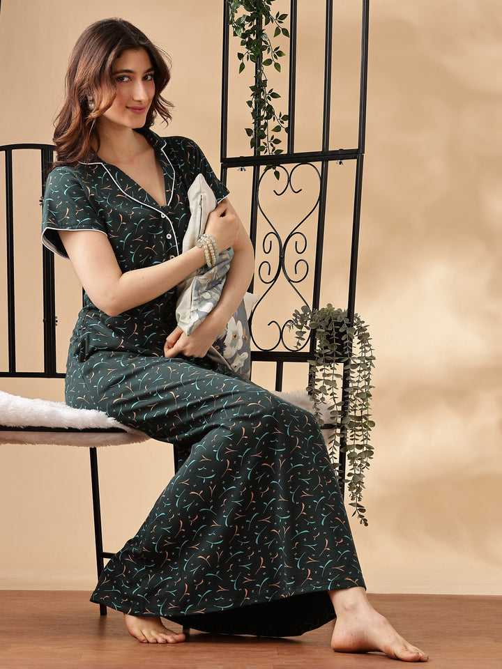 Teal Star Printed Branded Maxi Nighty For Women