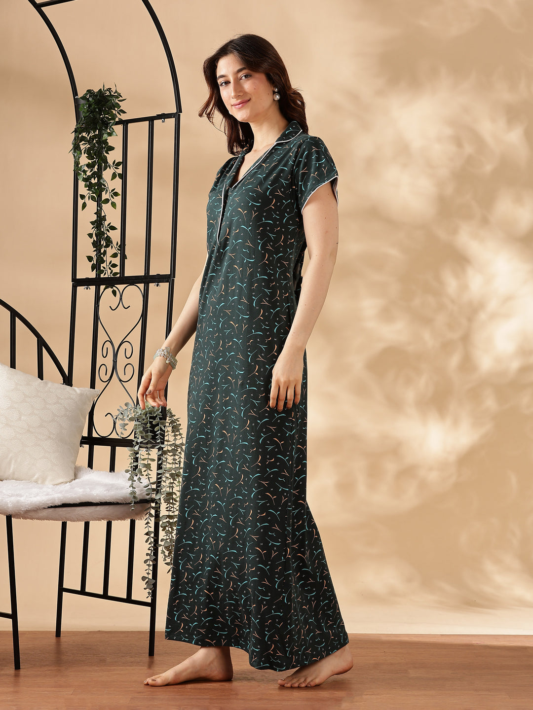 Teal Star Printed Branded Maxi Nighty For Women