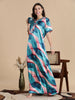 Satin Teal Wave Nighty with Abstract Print and Pocket