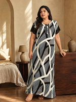 Rayon Geometric Print Nighty with Lace Sleeves and Pocket