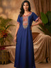 Raatrani Heritage Blue Alpine Embroidered A Line Nighty for Women