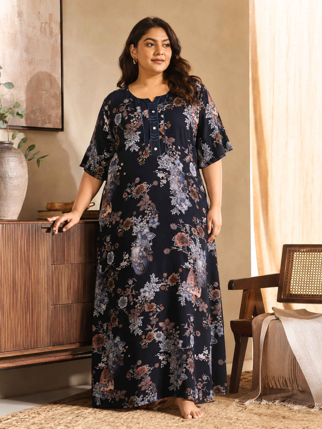 Shop Rayon Black Floral Nighty For Women with Pocket Online Rayon / M/38