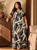 Rayon Abstract Olive Navy Nighty with Buttoned Yoke and Pocket