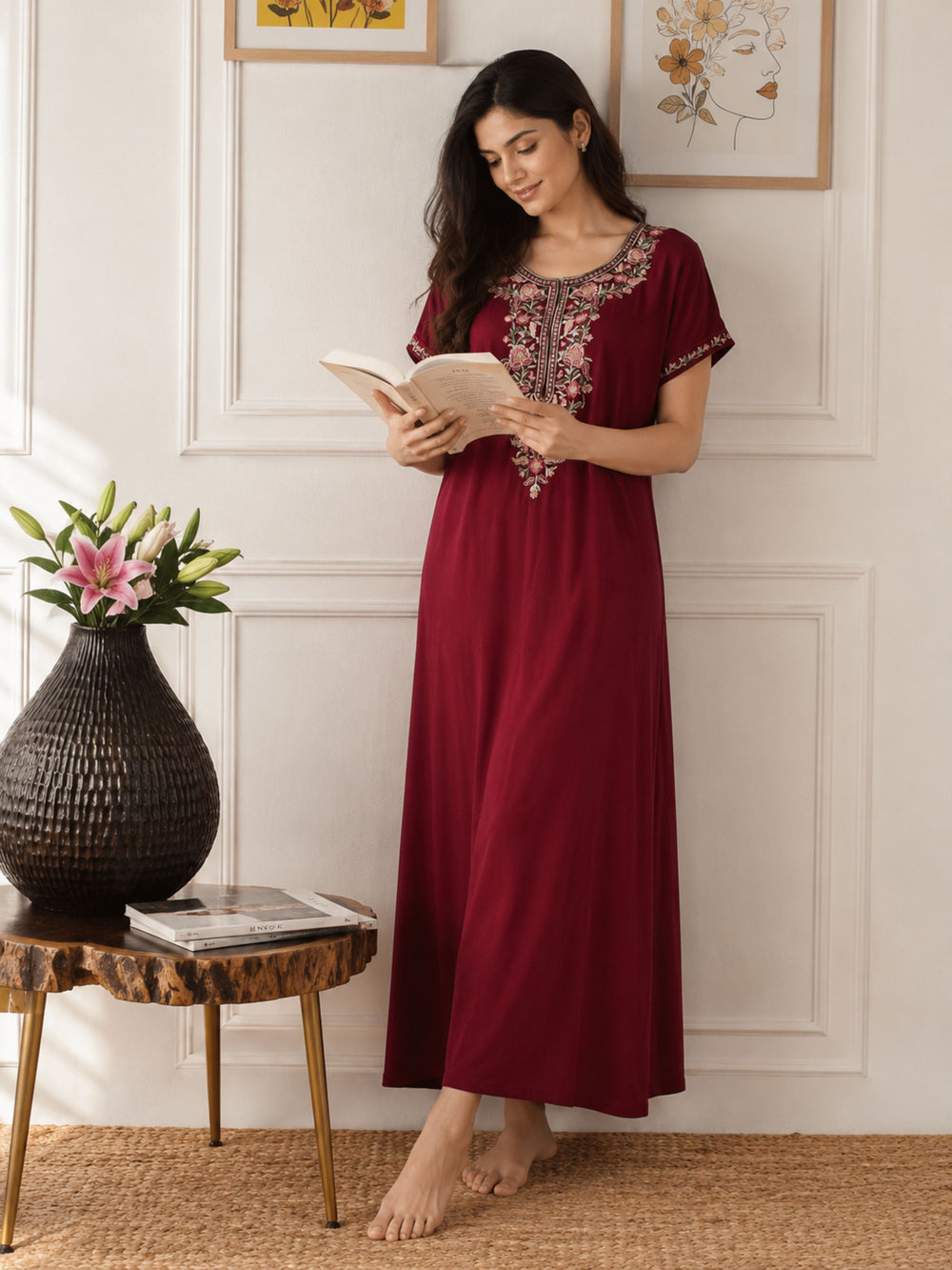 Floret Mustard Alpine Designer Nighty for Women with Frock Fit