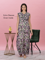 Saheli Elegant Abstract Violet Sleeveless Rayon Maxi Nighty for Women
