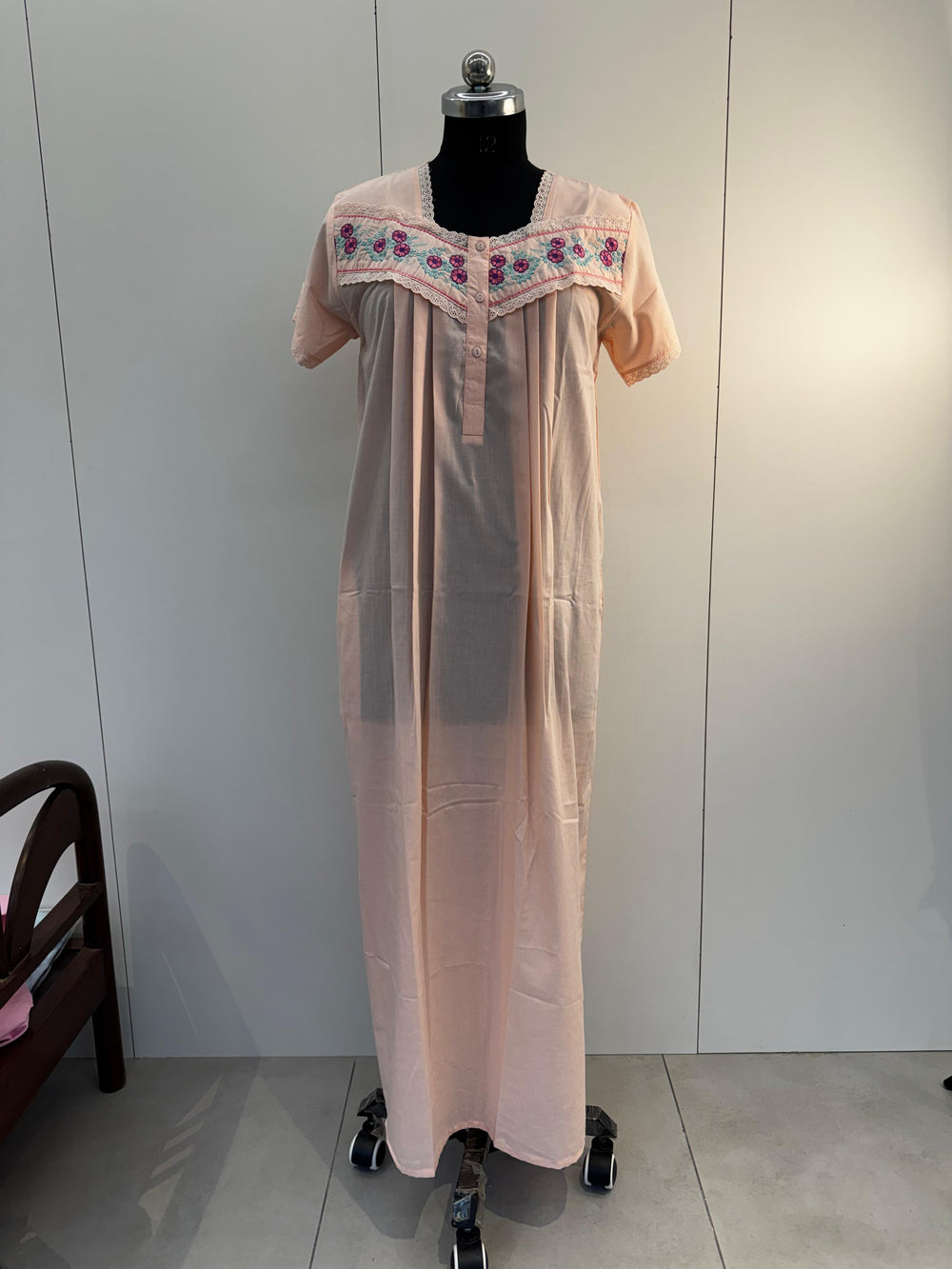 Peach Embroidered Poly Cotton Nighty Dress with Pocket