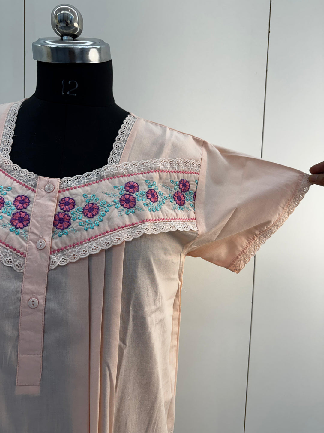 Peach Embroidered Poly Cotton Nighty Dress with Pocket