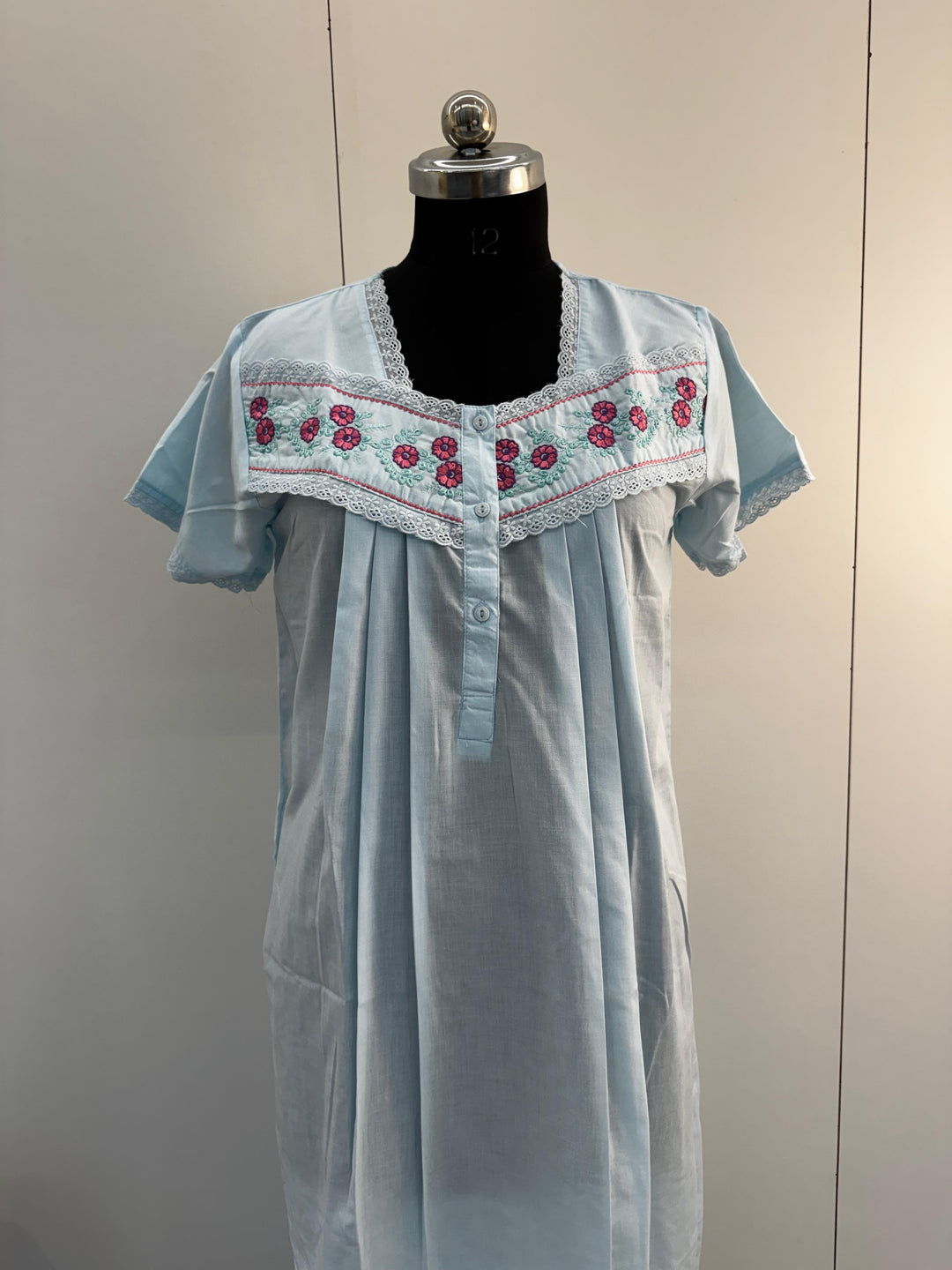 Blue Embroidered Poly Cotton Nighty For Women with Pocket