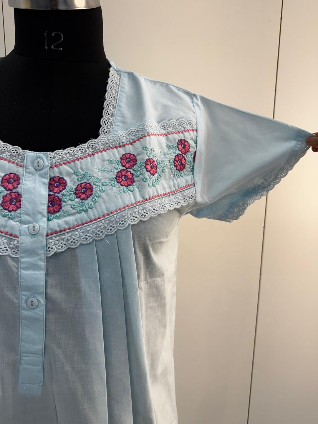 Blue Embroidered Poly Cotton Nighty For Women with Pocket