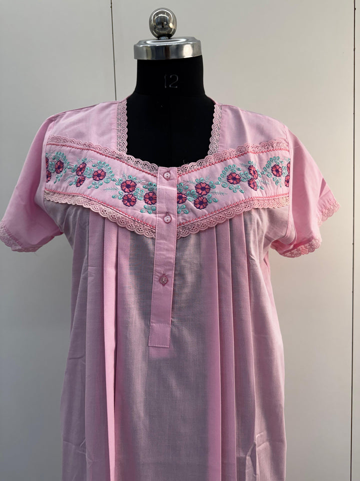 Pink Embroidered Poly Cotton Nighty with Pocket