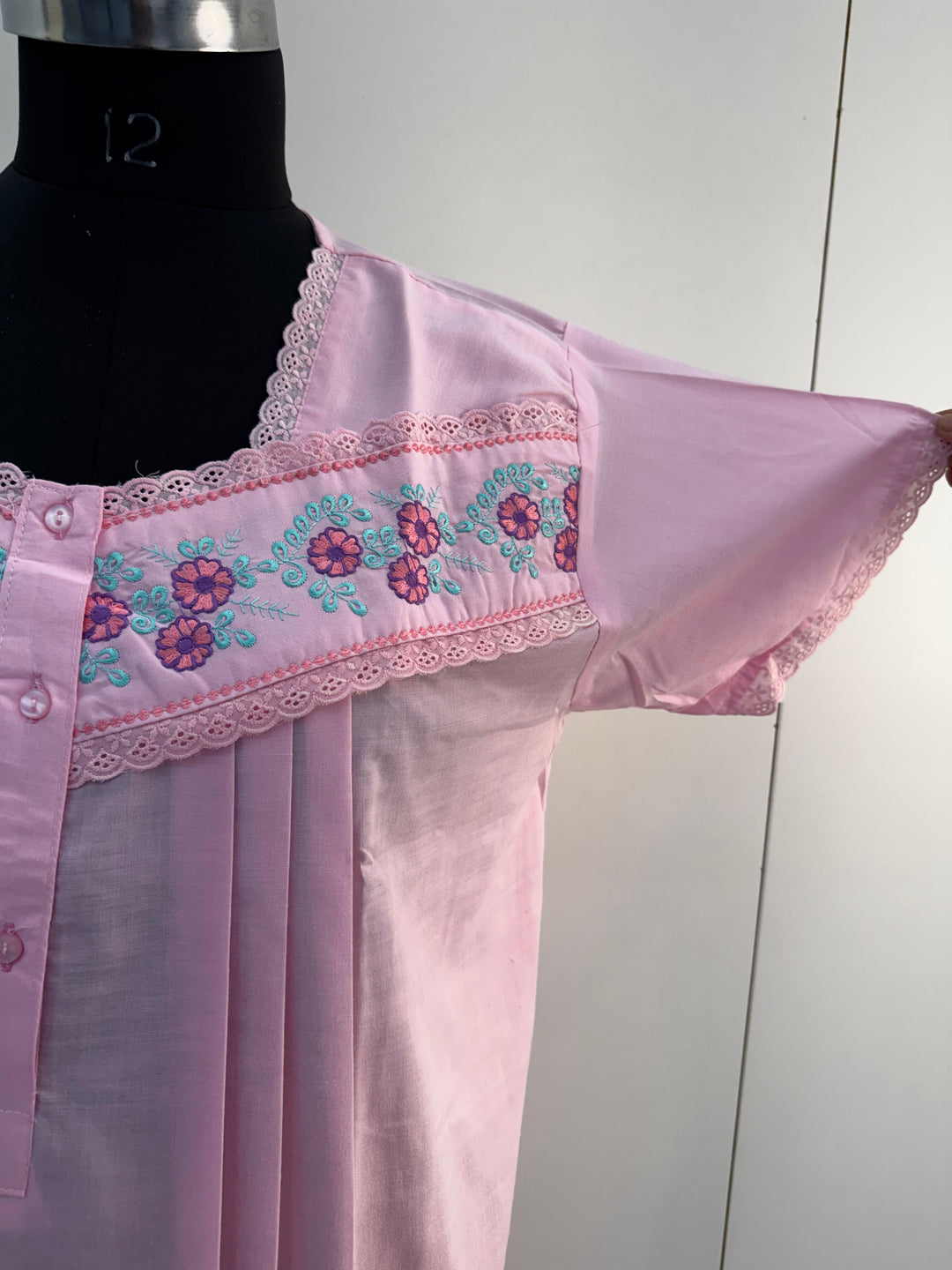 Pink Embroidered Poly Cotton Nighty with Pocket