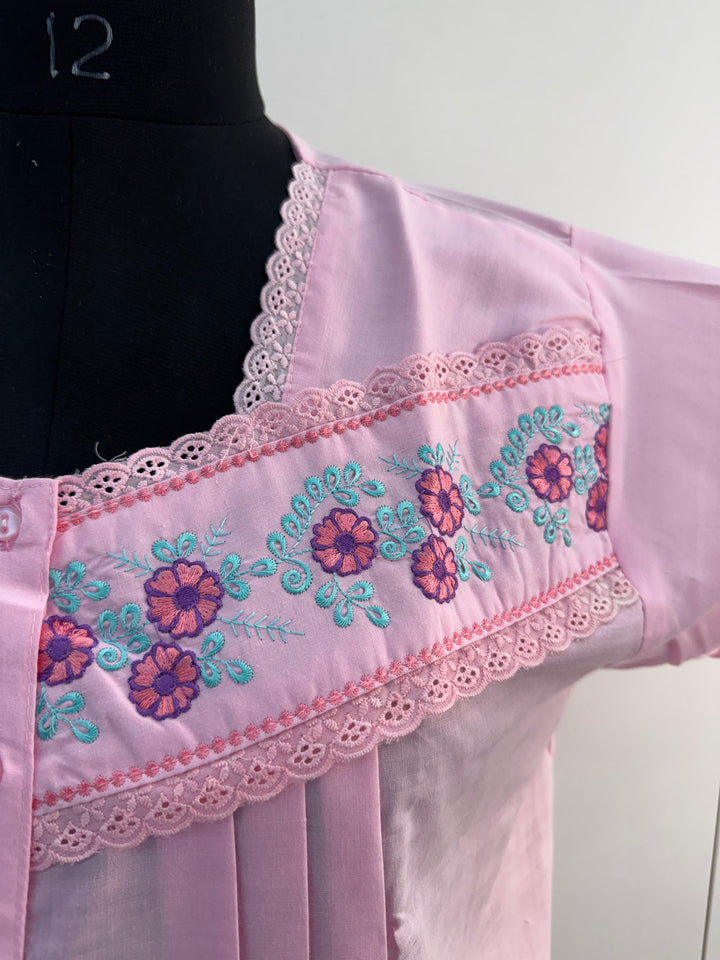 Pink Embroidered Poly Cotton Nighty with Pocket
