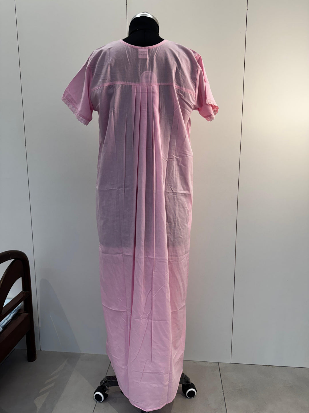 Pink Embroidered Poly Cotton Nighty with Pocket