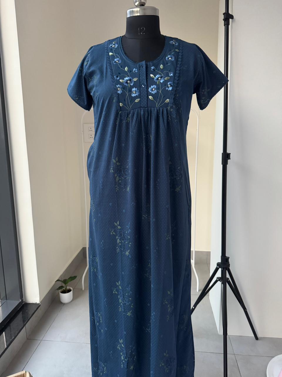 Floral Pleated Cotton Blend Nighty for Women in Indigo Shade