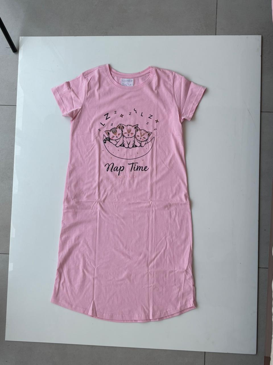 Baby Pink Cotton Short Nighty for Women Knee Length Plus Size