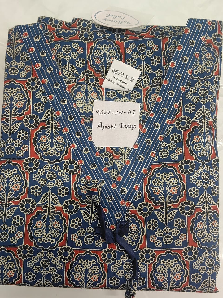 Ajrakh Indigo Pure Cotton Kaftan Dress for Women Comfortable Fit