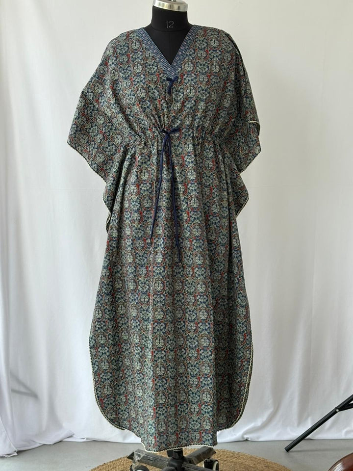 Ajrakh Indigo Pure Cotton Kaftan Dress for Women Comfortable Fit