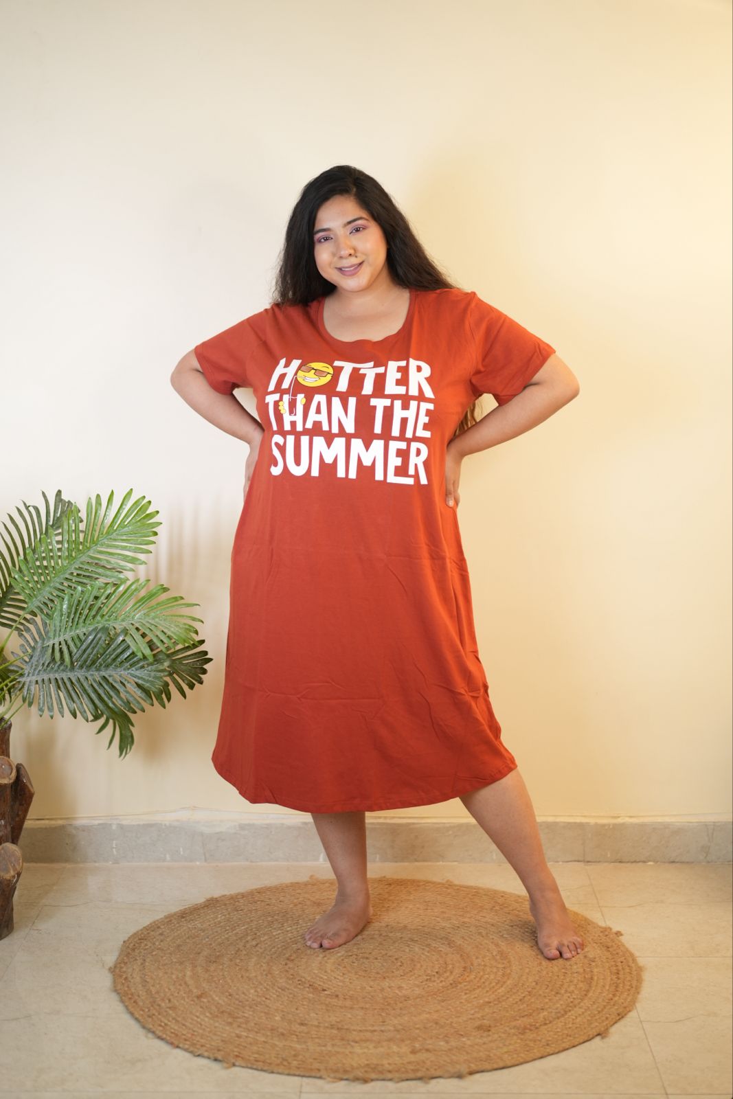 Relaxed Fit Sunset Brown Cotton Short Nightdress for Women