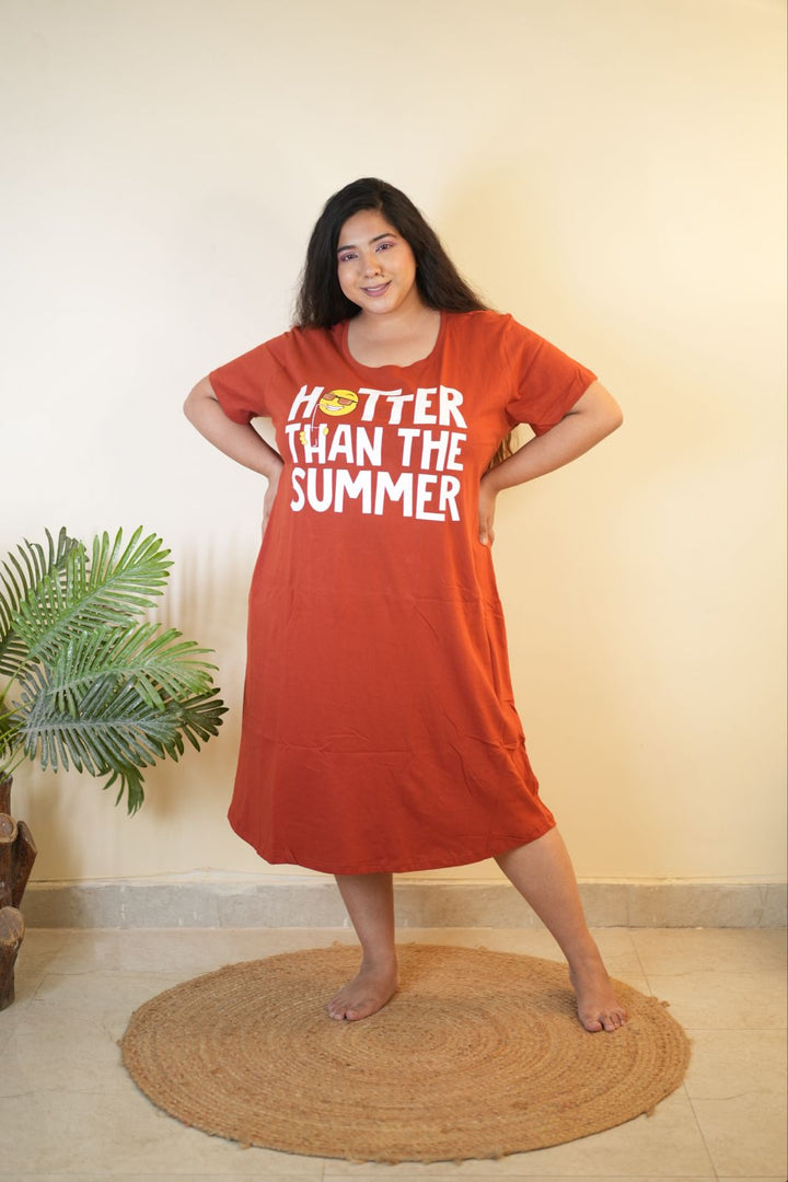 Relaxed Fit Sunset Brown Cotton Short Nightdress for Women