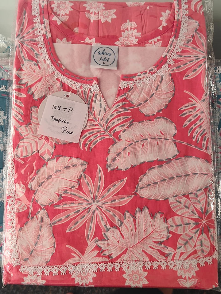 Tropica Pink Pure Cotton Floral Kantha Work Nighty