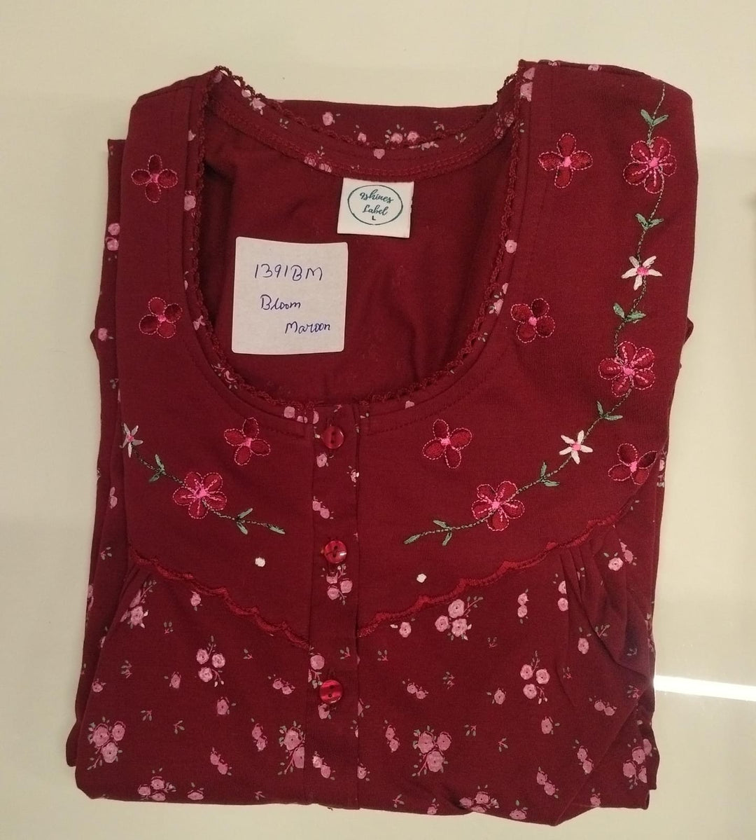 Maroon Floral Cotton Blend Pleated Nighty for Women