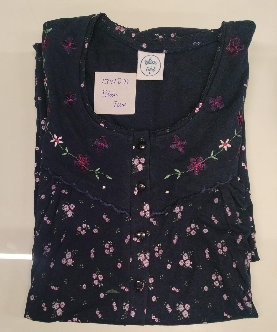 Blue Floral Cotton Blend Nightdress for Women with Pleated Fit