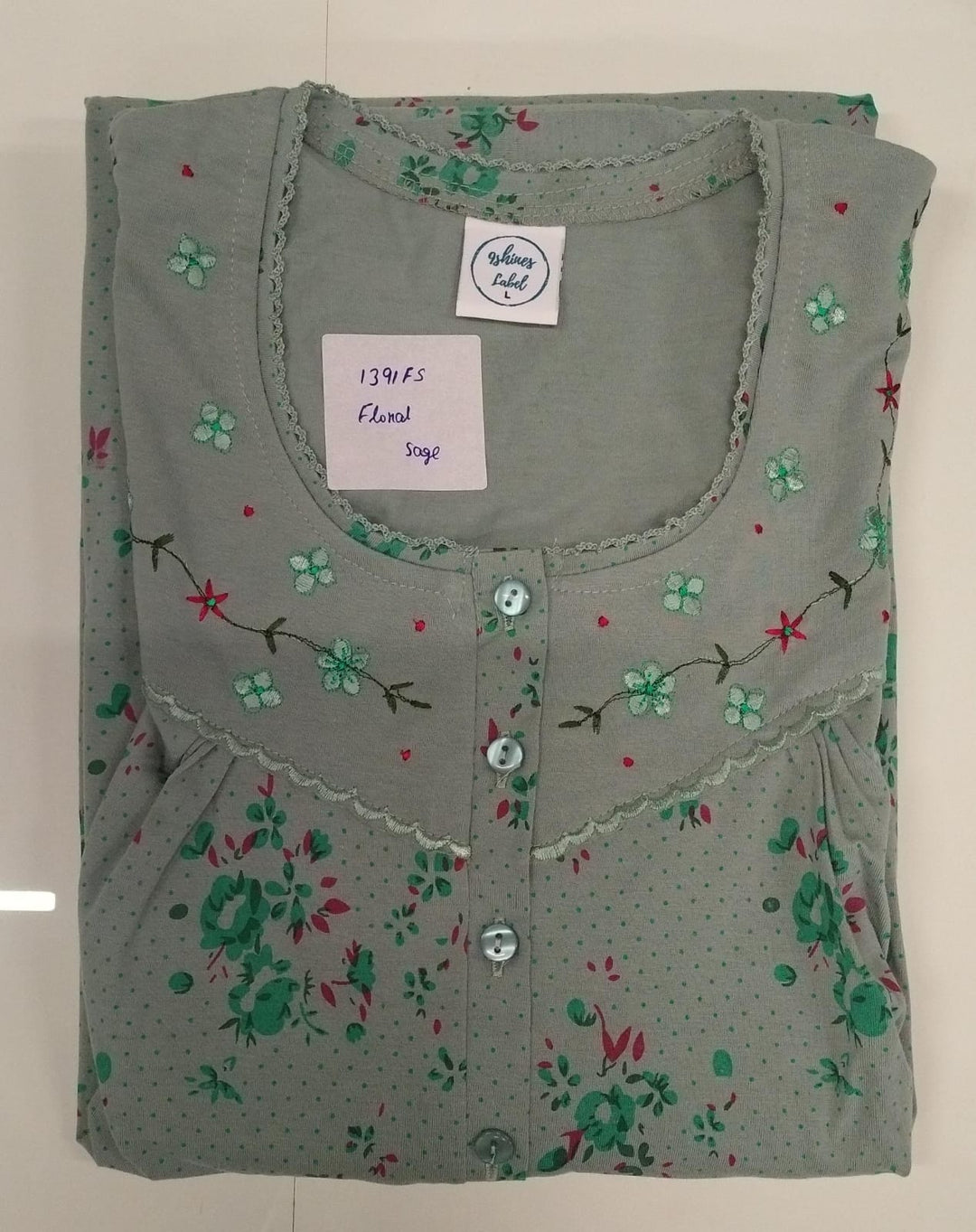 Sage Floral Cotton Blend Nightdress for Women with Embroidered Neck