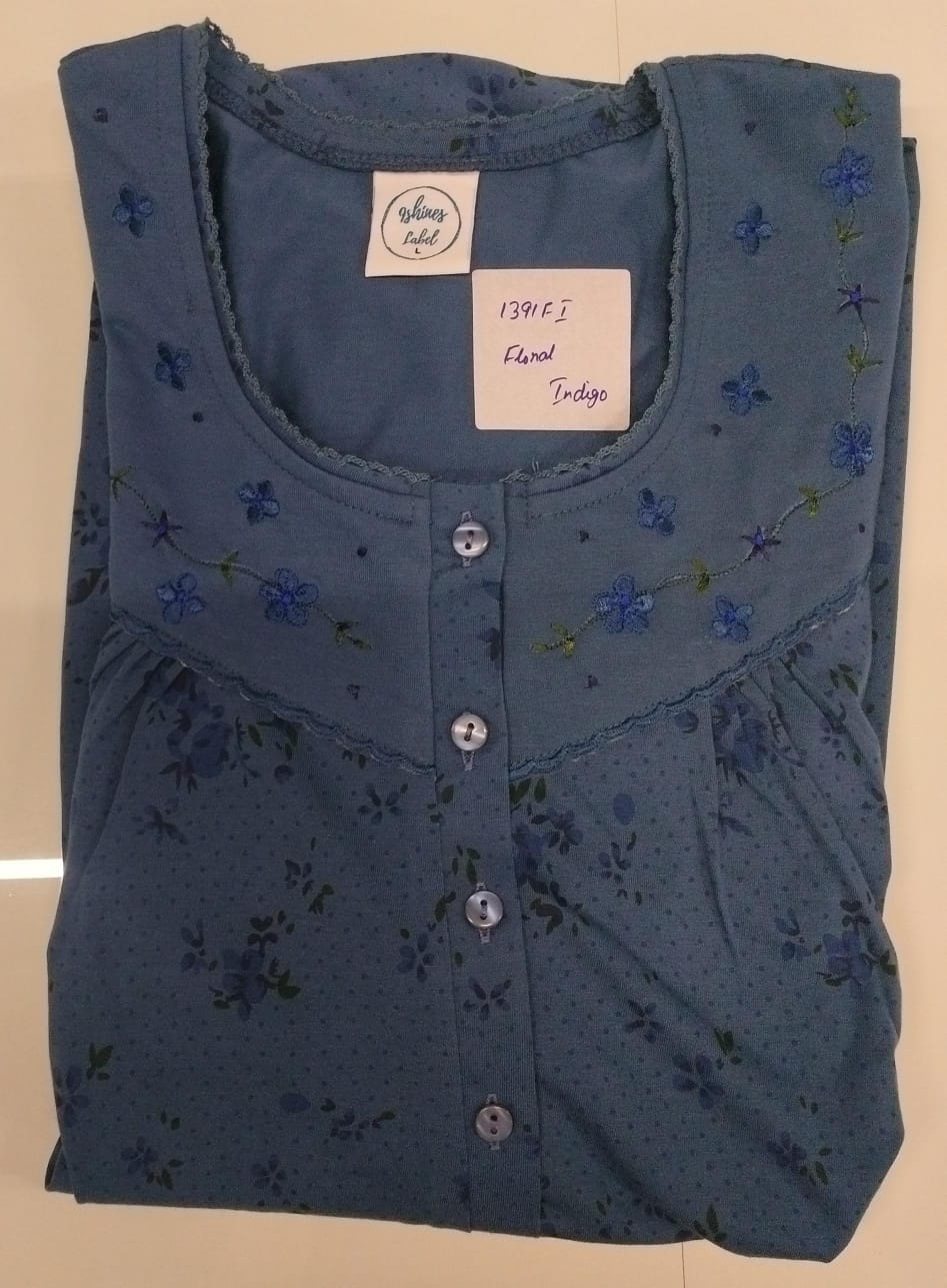 Indigo Floral Cotton Blend Nightdress for Women with Front Buttons