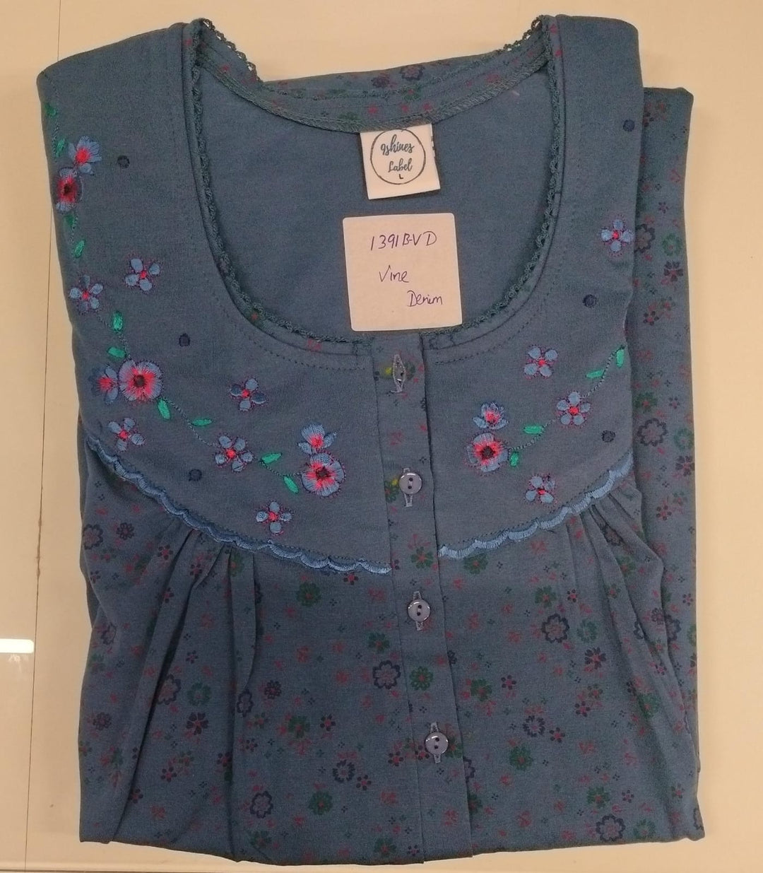 Denim Vine Cotton Blend Nightdress for Women with Floral Embroidery