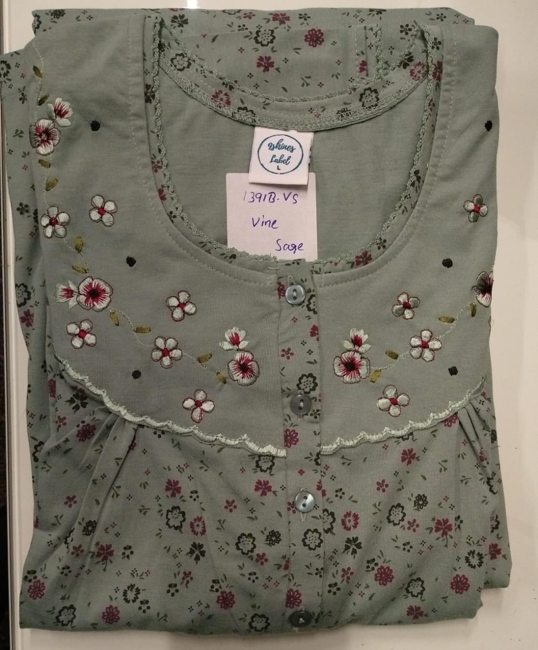 Sage Vine Print Cotton Blend Nighty for Women with Pocket
