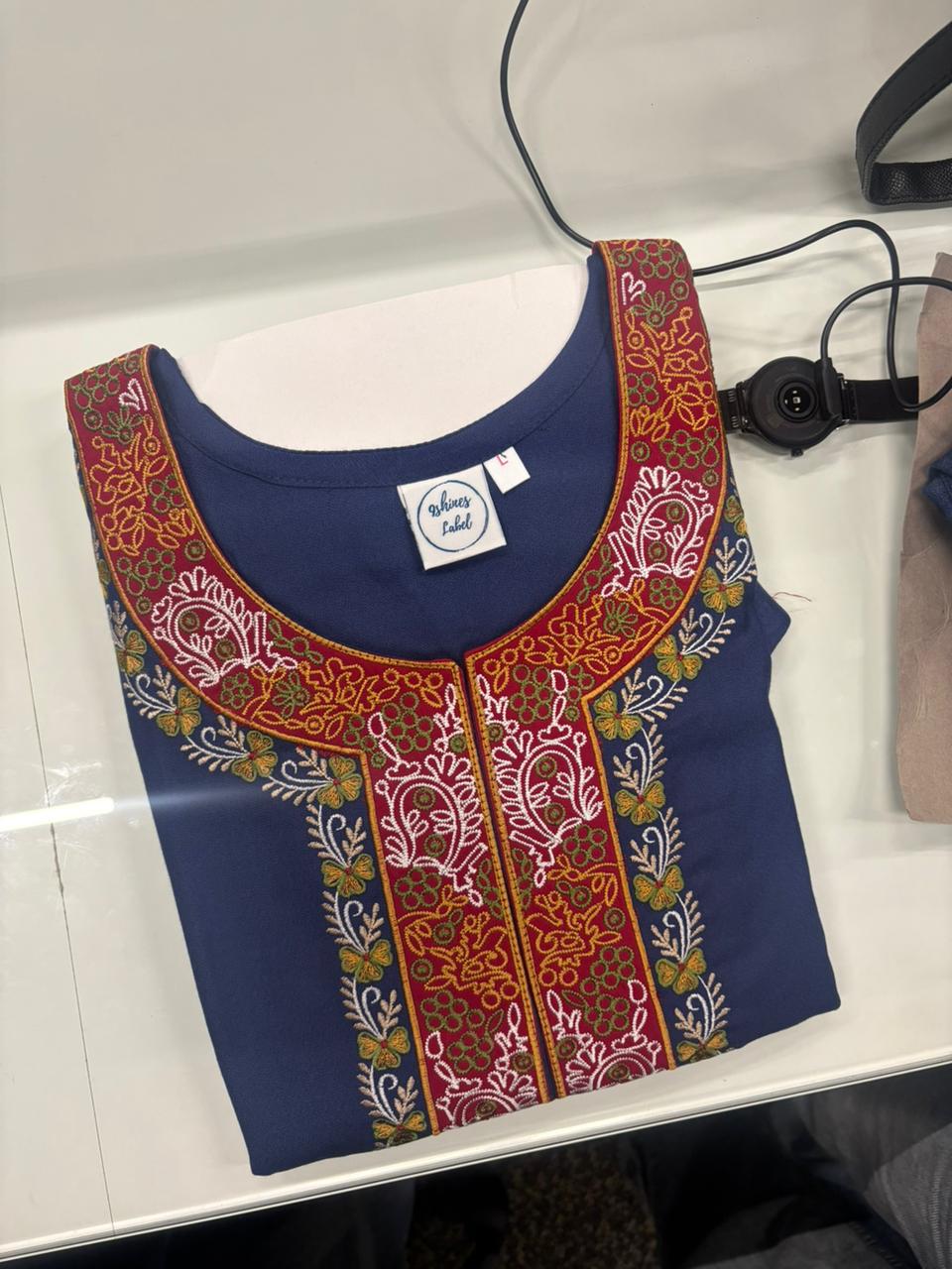 Raatrani Heritage Blue Alpine Embroidered A Line Nighty for Women