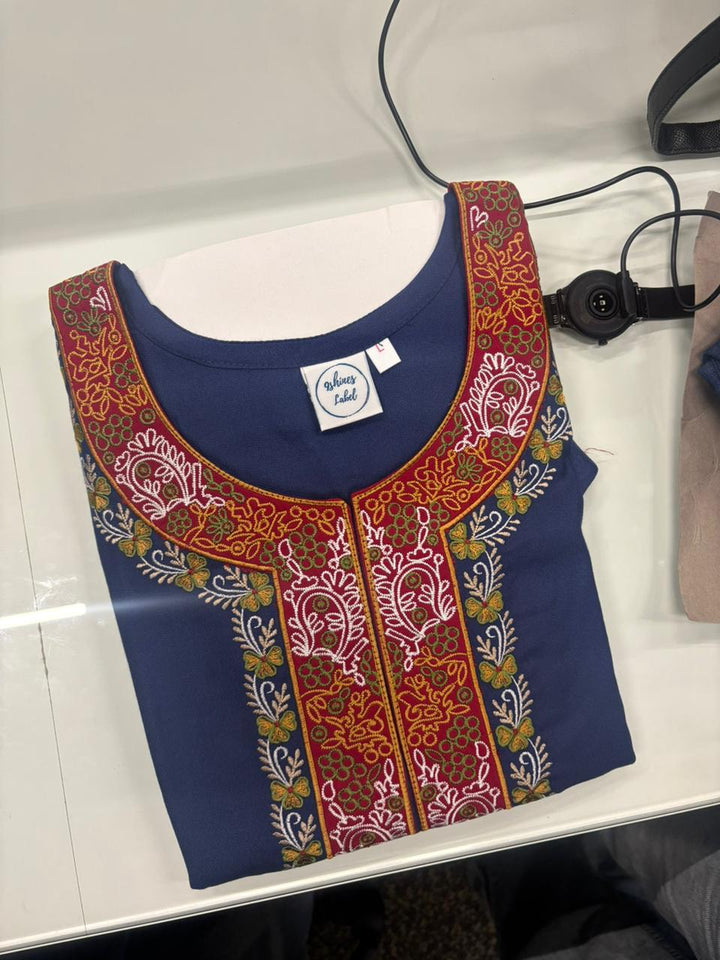 Raatrani Heritage Blue Alpine Embroidered A Line Nighty for Women