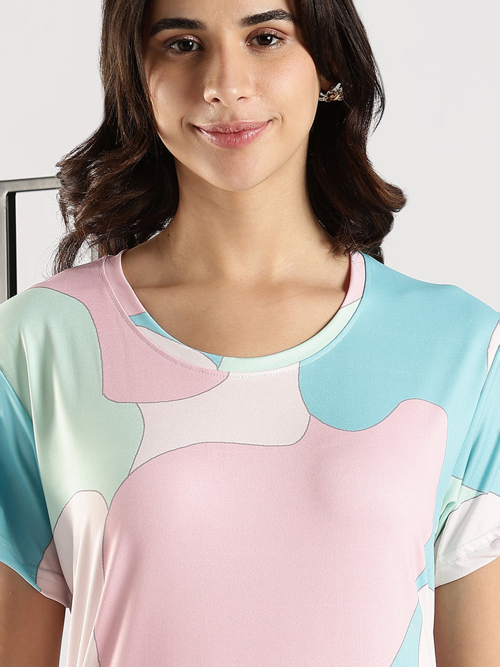 Gloss Malai Abstract White Printed Short Nighty for Women