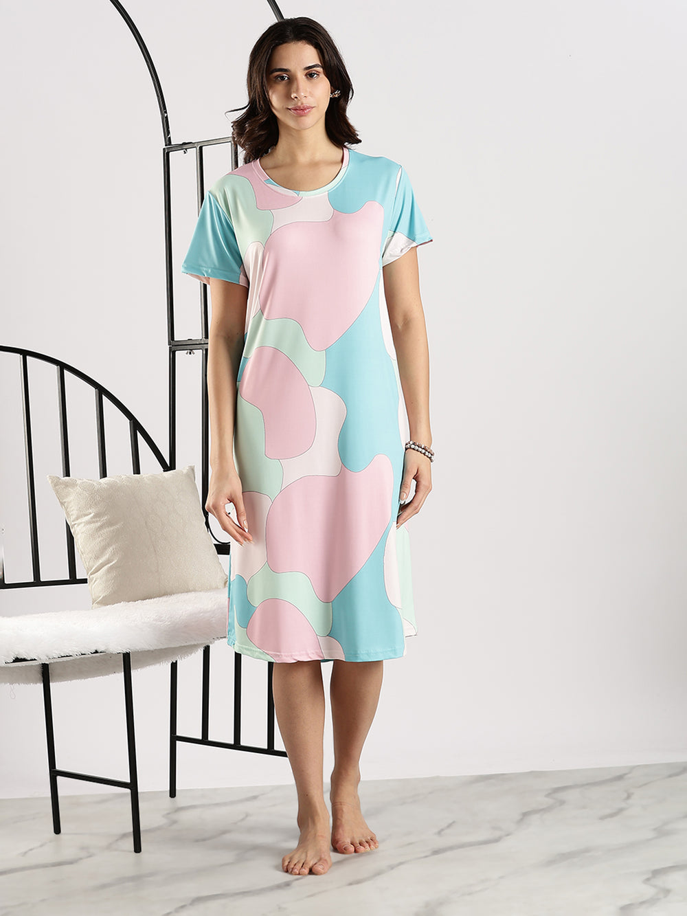 Gloss Malai Abstract White Printed Short Nighty for Women