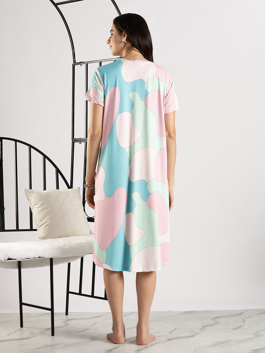 Gloss Malai Abstract White Printed Short Nighty for Women