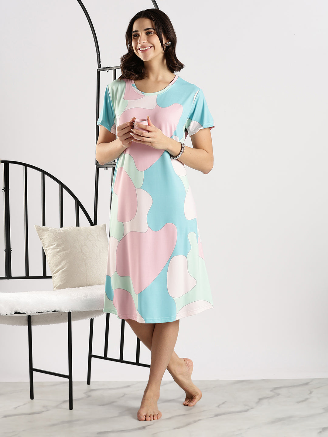 Gloss Malai Abstract White Printed Short Nighty for Women