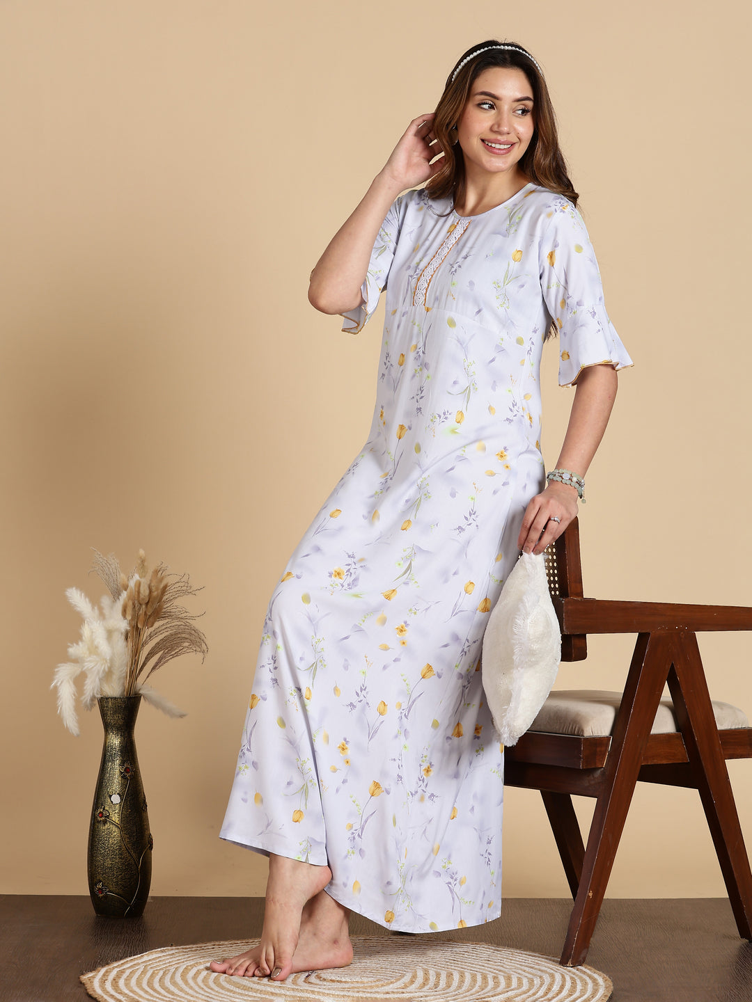 White Rayon Floral Print Branded Nighty for Women