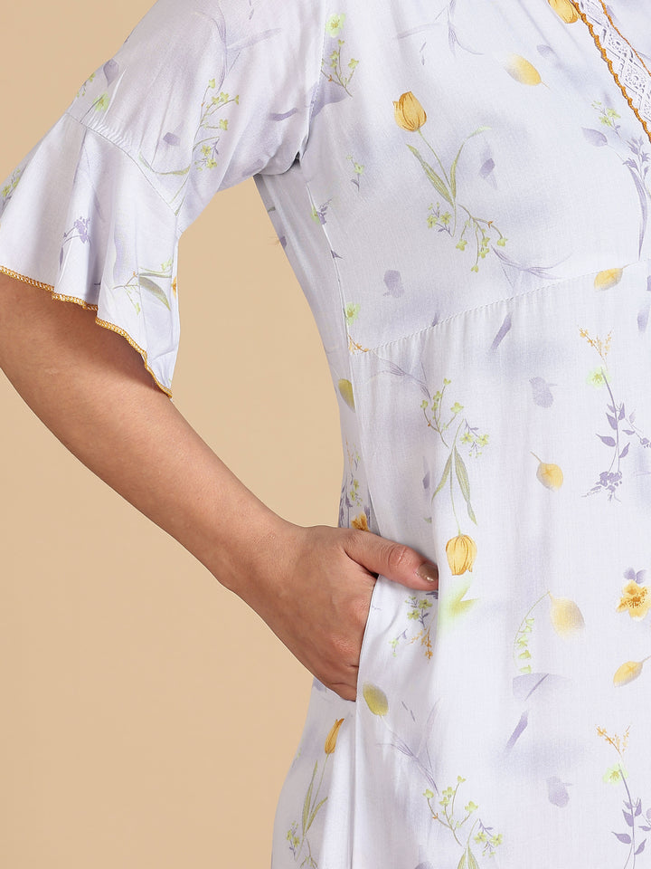 White Rayon Floral Print Branded Nighty for Women