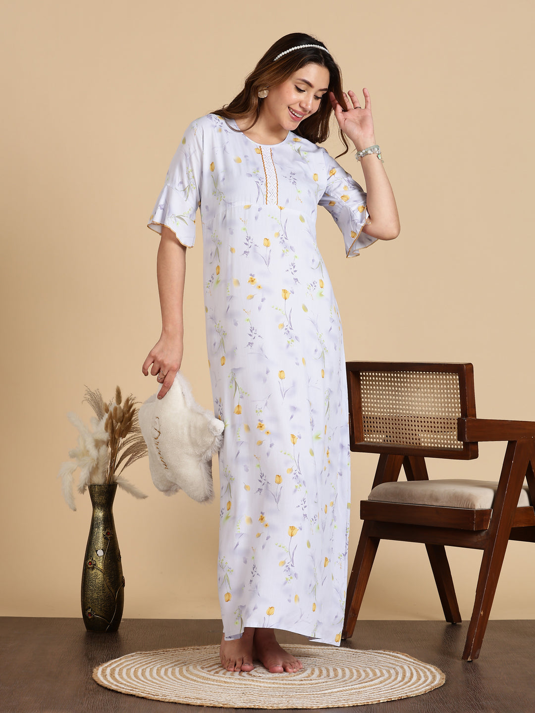 White Rayon Floral Print Branded Nighty for Women