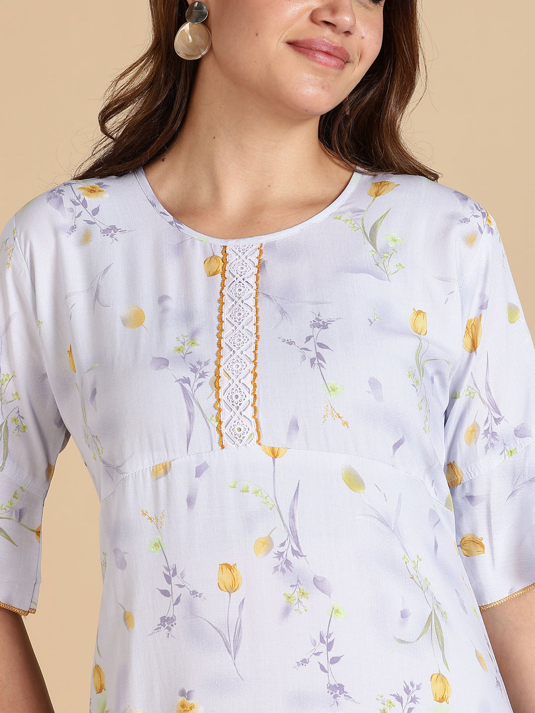 White Rayon Floral Print Branded Nighty for Women