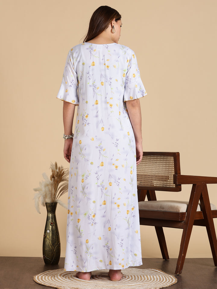White Rayon Floral Print Branded Nighty for Women