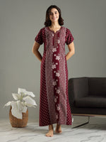Wine Alpine Designer Nighty for Women with Floral Stripe Print