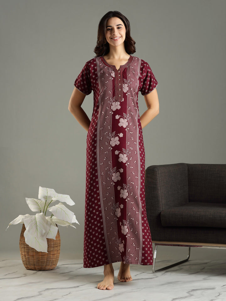 Wine Alpine Designer Branded Nighty for Women With Pocket