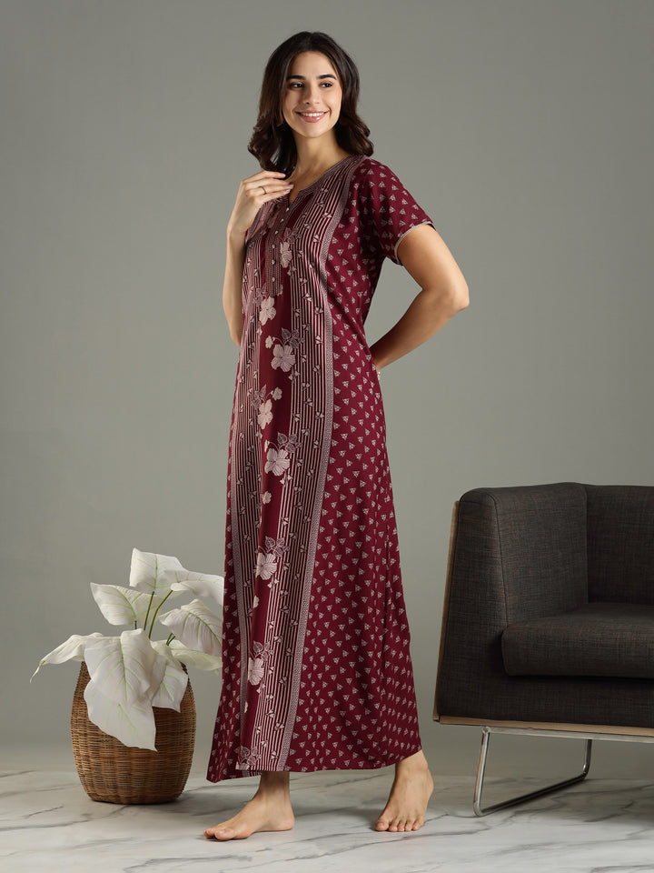 Wine Alpine Designer Branded Nighty for Women With Pocket