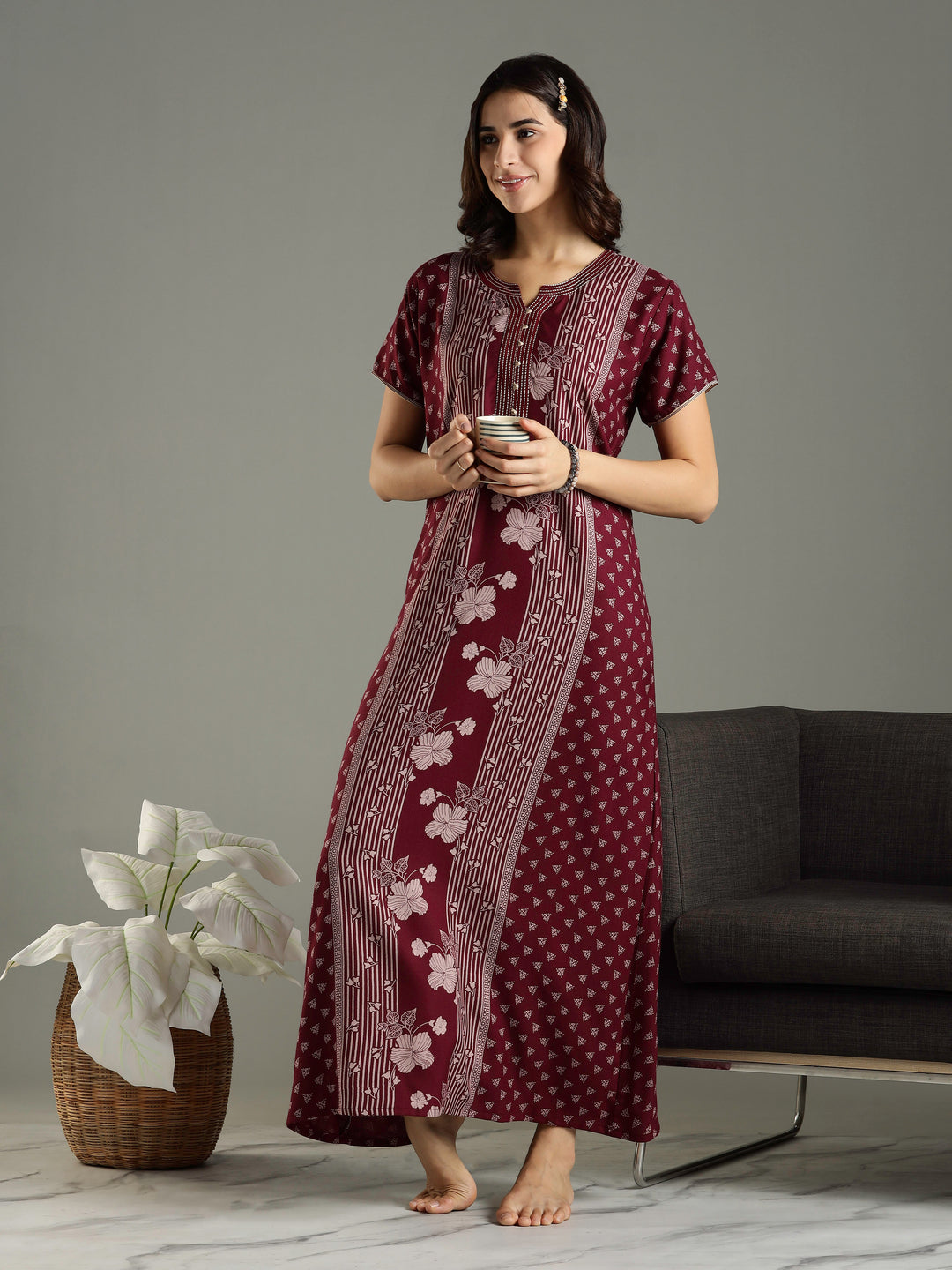 Wine Alpine Designer Branded Nighty for Women With Pocket