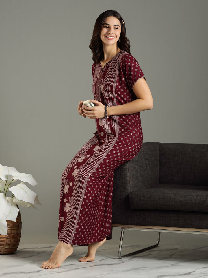 Wine Alpine Designer Branded Nighty for Women With Pocket