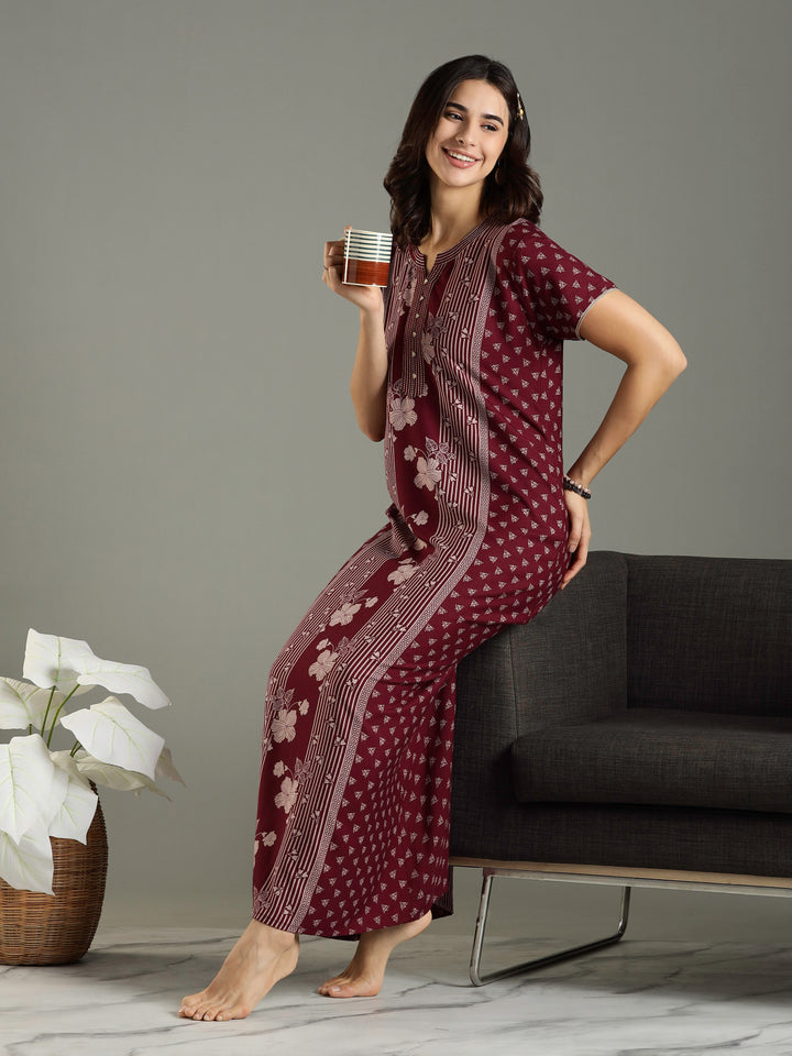Wine Alpine Designer Branded Nighty for Women With Pocket
