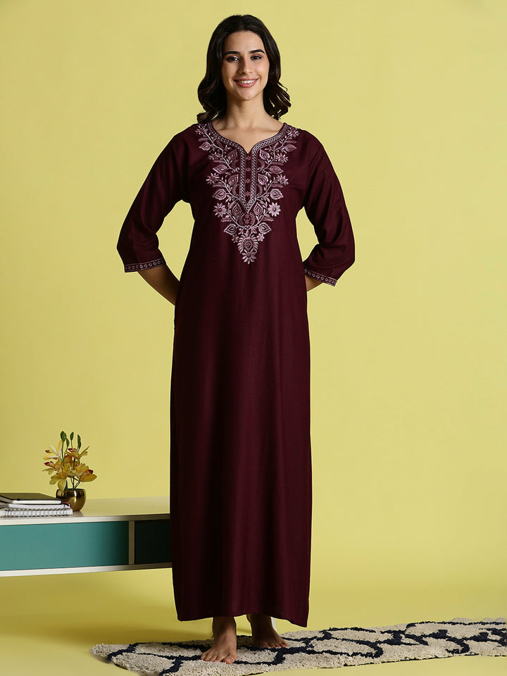 Wine Red Embroidered Women's Nighty with Pocket