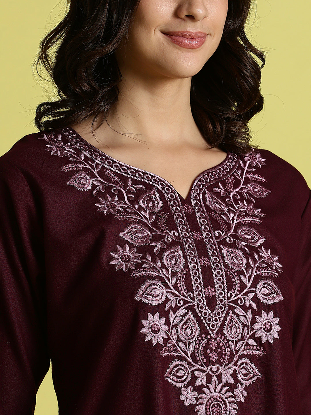 Wine Red Embroidered Women's Nighty with Pocket